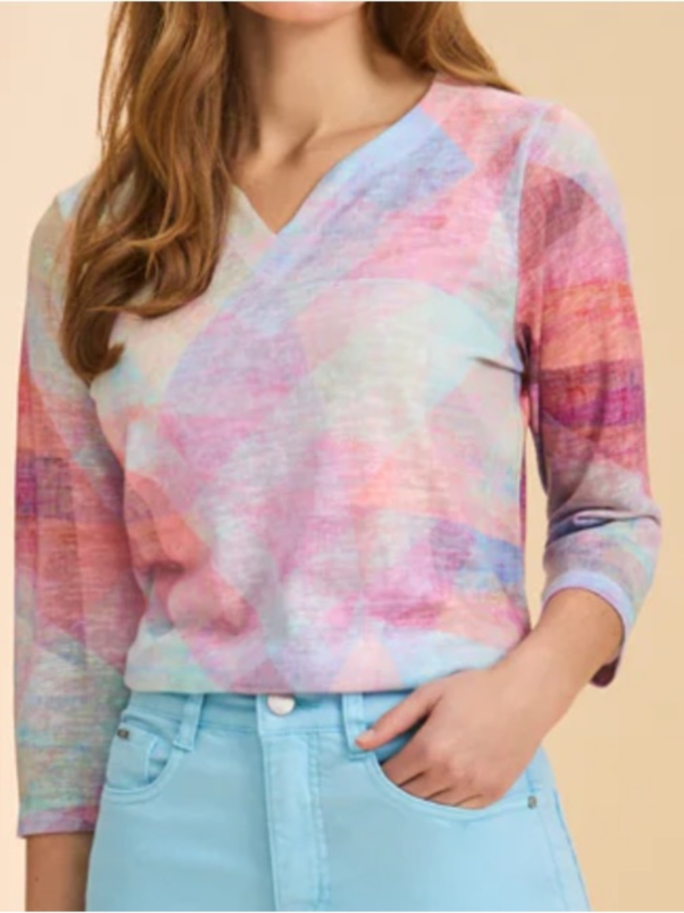 Pastel Prism Watercolor Notch V- Neck Pullover knit Top 3/4 sleeve